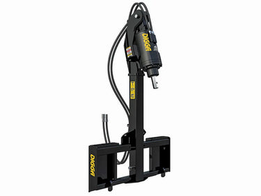 A photorealistic image of a yellow Digga Skid Steer Telescopic Auger Attachment on a white background. The auger attachment is long and orange, and it is attached to a yellow arm that is mounted on a skid steer loader. The text